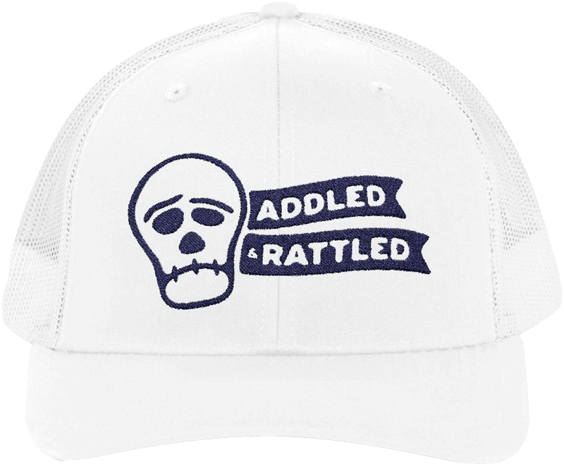 A hat designed by Anthem Communications with an illustration of a confused skull and the words “Addled & Rattled” next to it.
