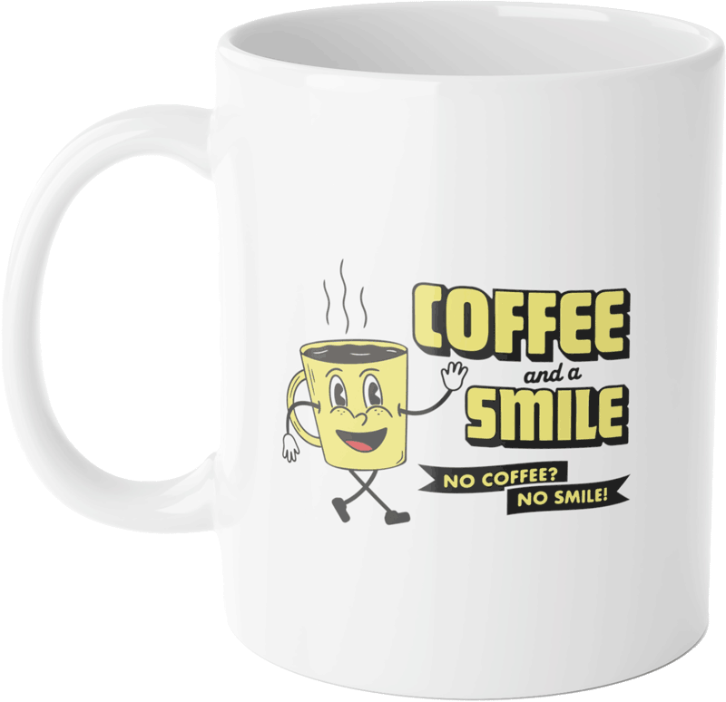 A mug designed by Anthem Communications that has a little humanized coffee cup with a face, arms, and legs and the words “Coffee and a Smile” on it. In smaller words, it says “No Coffee? No Smile!”